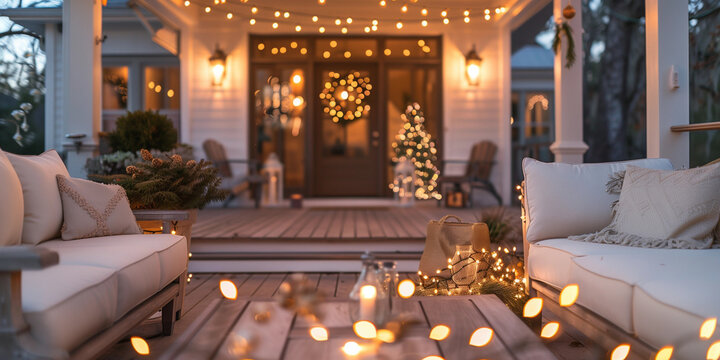 Lux front porch entry door Christmas tree warm lights garland lantern festive cozy welcoming holiday decor charming rustic home exterior night elegant seasonal inviting warm glow entrance wreath Santa