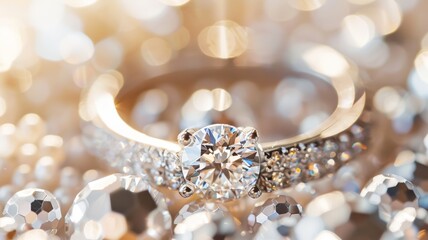 Portrait of an exquisite diamond engagement ring amidst a glistening bokeh laden background