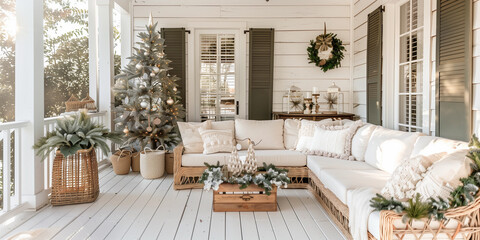 Natural outdoor living sofa lounge white neutral veranda porch Christmas tree decor sunroom exterior country chic boho farmhouse entrance patio house rustic lux beige timber wood veranda entertain