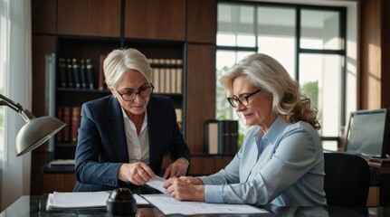 Female notary working with mature couple in office