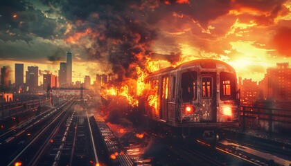 Fototapeta premium Dramatic Urban Explosion Scene with Commuter Train in Flames at Sunset, Anti-Terrorism Concept