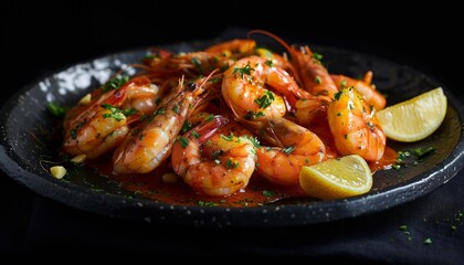 Traditional Spanish Shrimp with Garlic and Parsley on Dark Background, Delicious Cuisine