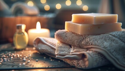 Bars of Handmade Soap with Soft Towels and Liquid Soap