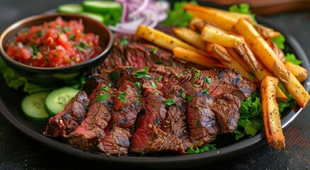 Fototapeta premium Grilled Steak With French Fries, Lettuce, and Cucumber
