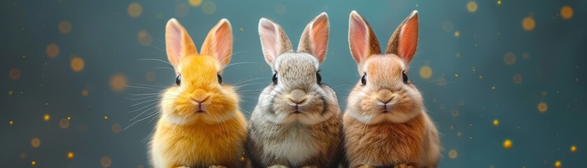 Obraz premium Adorable trio of fluffy bunnies sitting in a row with a bokeh background, highlighting their cute and charming expressions.