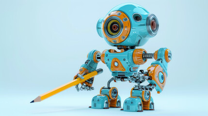 3D illustration of a friendly robot with a pencil, representing modern technology.