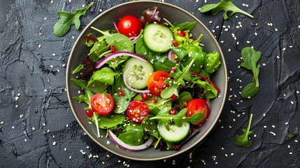 Healthy fresh vegetable salad with greens and tomatoes. Colorful and vibrant dish. Perfect for diet and nutrition. Ideal for healthy lifestyle promotions, recipe blogs, and culinary websites. AI