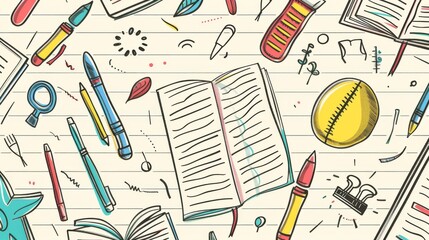 A fun cartoon illustration featuring various colorful school supplies such as pens, pencils, rulers, and notebooks scattered across a lined paper background.