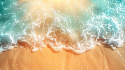 Fototapeta premium Peaceful wave patterns, accompanied by sunlight, gently touch the sandy beach coast, creating a refreshing and calm atmosphere perfect for a relaxing coastal getaway.