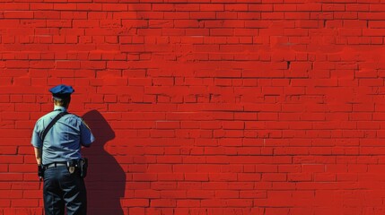 Authoritative Officer Standing Against Red Brick Wall