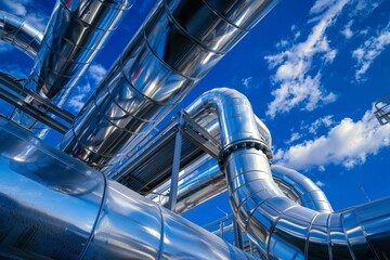 Industrial Pipework with Blue Sky and Clouds Background