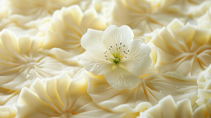 A close-up of delicate, white petals with soft lighting highlights their intricate textures and gentle curves, evoking a sense of purity and tranquility.