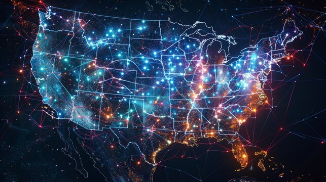 A vivid, glowing map of the United States displaying enhanced connectivity with bright spots and lines, representing interconnected data points and networks.