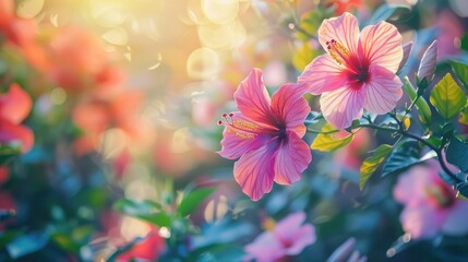 Vibrant hibiscus flowers in spring Joyful color theme Happiness symbol