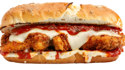  A close-up view of a Chicken Parmesan sub sandwich filled with breaded chicken cutlets, marinara sauce, and melted mozzarella, on a transparent background