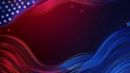 An abstract background featuring flowing red and blue waves over a gradient backdrop with star patterns, symbolizing patriotism and USA-themed designs.