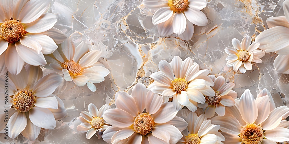 Wall mural white daisies flowers on a white marble background