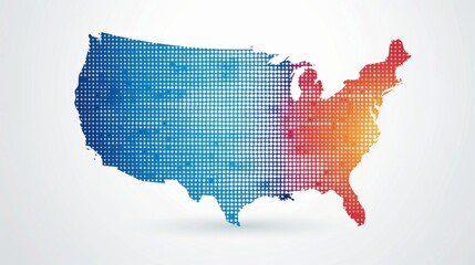 A digital artwork of the USA map using a gradient of pixel dots, symbolizing diversity, connection, and modernity in a visually appealing design.