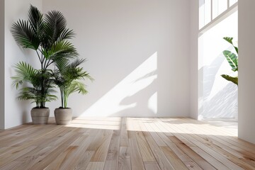 Modern Indoor Plant Display: Two Potted Ferns on Wooden Floor, Sunlight Streaming Through Window