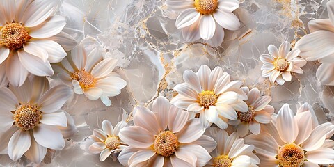 white daisies flowers on a white marble background