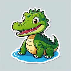 Fototapeta premium Sticker of an adorable baby crocodile smiling. 3D cartoon style, isolated on a simple background.