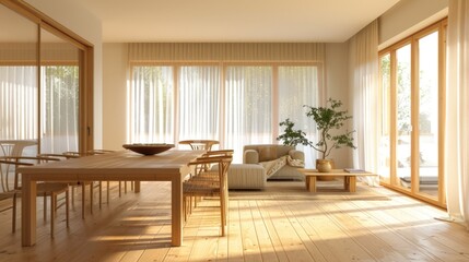 Modern Living Room with Wooden Floor, Large Windows, and Minimalist Furniture