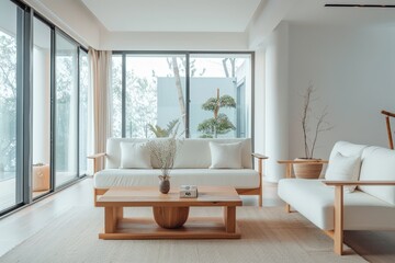 Modern Living Room with Large Windows, White Sofa, Wooden Coffee Table, and Potted Plant