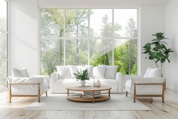 Modern Living Room with Large Windows, White Sofa, and Potted Plant