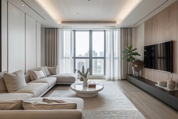 Modern Living Room with Large Windows and City View