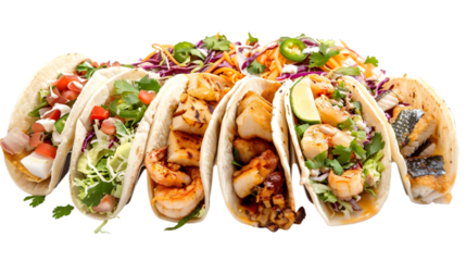  A collection of fish tacos, featuring grilled fish, battered fish, and shrimp tacos, arranged beautifully and on a transparent background