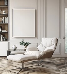 Modern Living Room Chair with White Cushions, Set Against a Minimalist Wall Decor, in a Contemporary Space with Wooden Floors and a Bookshelf