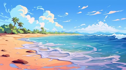 Tropical beach scene with palm trees, blue sky, ocean waves, and white sand. Ideal for summer vacation, travel, and relaxation concepts.