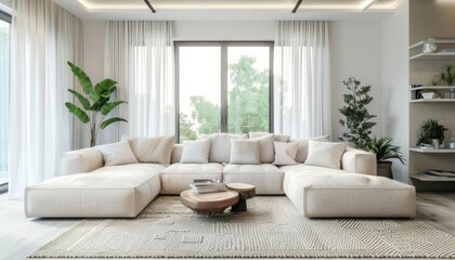 Modern Living Room with White Sofa, Large Windows, and Minimalist Decor