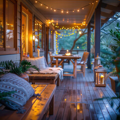 Fototapeta premium Pretty timber back porch traditional Christmas decor fairy lights cozy sofa seating festive home veranda deck holiday atmosphere outdoor space evening rustic charming wreaths seasonal ambiance