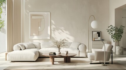 Modern Living Room with White Sofa, Round Coffee Table, and Abstract Art on Wall