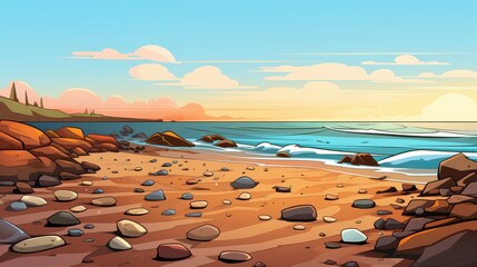 Obraz premium Cartoon beach at sunset with rocks, waves, sand. Ideal for summer vacation, travel, and nature illustrations.
