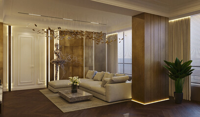 Modern Interior Design. Living room area, modern sofa. 3D visualization of living room with corner sofa
