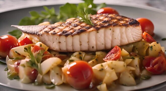 Grilled swordfish with caramelized onions, fricassee vegetables. Seafood Recipe Concept