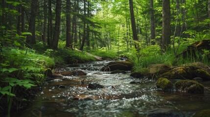 Obraz premium The sound of a babbling brook winding through a forest provides a peaceful backdrop, inviting quiet reflection and a connection with nature.