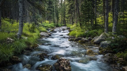 The sound of a babbling brook winding through a forest provides a peaceful backdrop, inviting quiet reflection and a connection with nature.