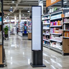 Fototapeta premium Blank display catalyst in a megastore's health and beauty section for interactive ads.