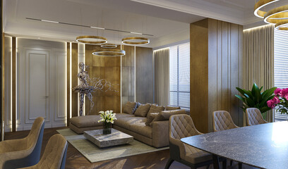 Modern Interior Design. Living room area, modern sofa. 3D visualization of living room with corner sofa
