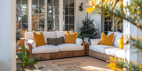 Classic outdoor living sofa lounge white mustard yellow veranda porch Christmas tree wreath decor sunroom exterior home country chic lux farm house entrance traditional patio house veranda real estate