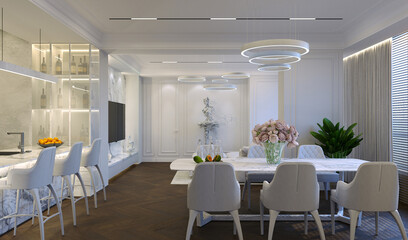 3D visualization of modern dining room interior. Interior design of modern interior. Modern style in the interior