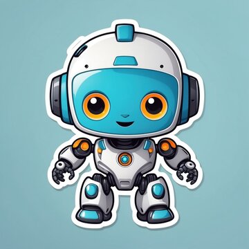 recommend clip art: Sticker of a modern baby robot in 3D cartoon style with dynamic colors, isolated on a simple background.