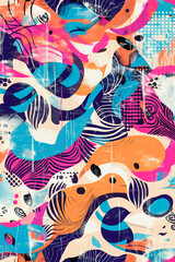 A colorful, abstract painting with a lot of different shapes and colors