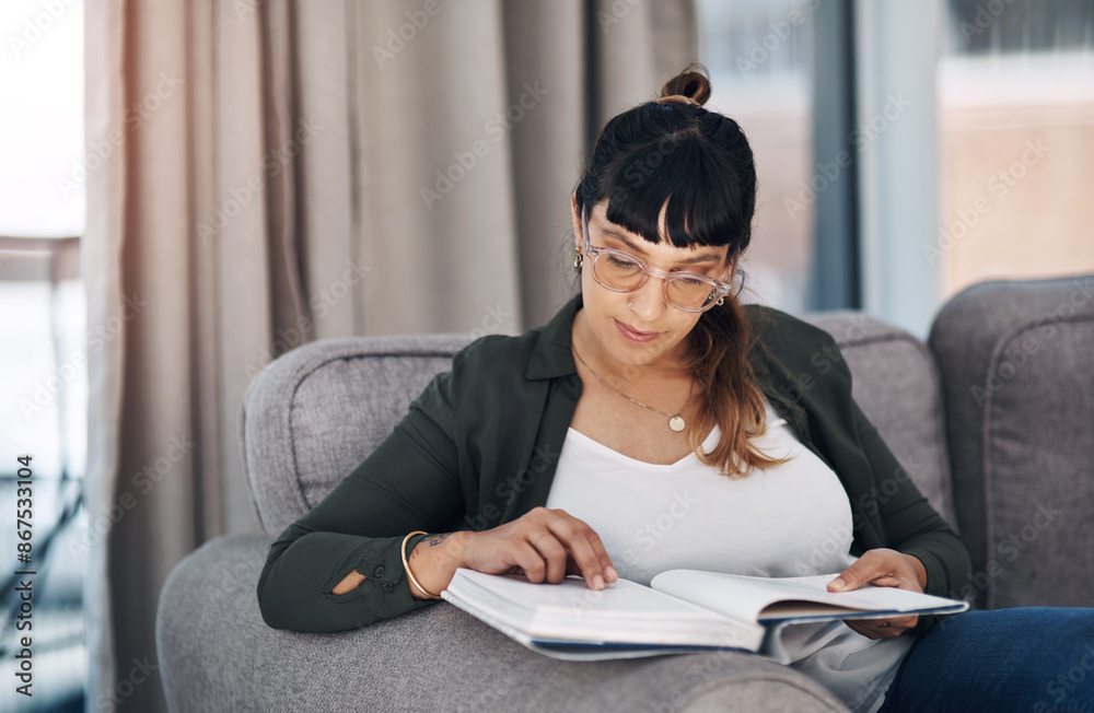 Sticker Home, glasses and woman with book on sofa for literature, information and education in knowledge on weekend. House, relax and female person with paper for growth, learning and reading history story