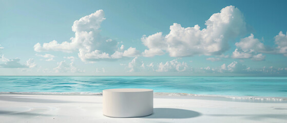 A soft blue sky with fluffy white clouds hangs above a calm turquoise cove. Gentle waves lap at a pristine white sand beach bathed in warm morning sunlight. A minimalist white podium made of smooth