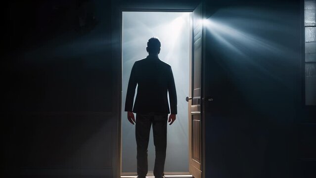 A man in a dark room goes to a door that opens in front of him and a bright divine light comes out of it