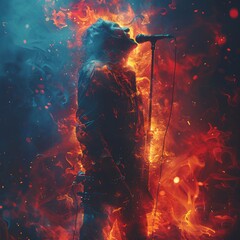 A rock star in a promotional poster, with a powerful and dynamic image, capturing their essence and the excitement of their music.